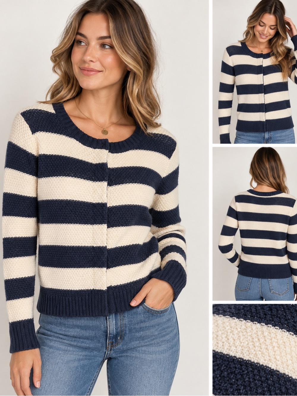 Gap Women’s Medium Navy Cream Striped Wool Blend Cardigan Sweater